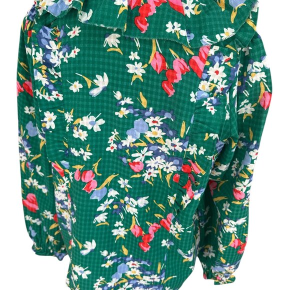 LOFT NWOT Medium Green Checked Floral Long Sleeve Ruffle Tie Blouse - Picture 3 of 5